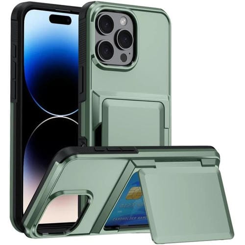 Funda abatible para iPhone 15 Pro, con tarjetero, a prueba de golpes (verde militar)
