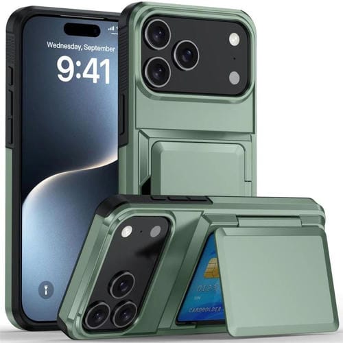Funda abatible Kalebol para iPhone 17 Pro, con tarjetero, a prueba de golpes (verde militar)