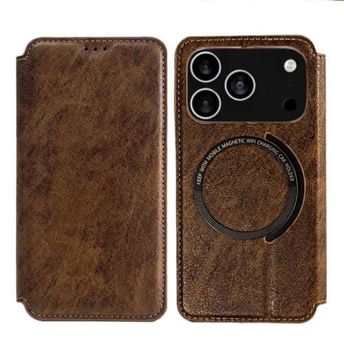 Funda de cuero Kalebol Flip con ranura para tarjetas y MagSafe para iPhone 17 Pro (marrón)