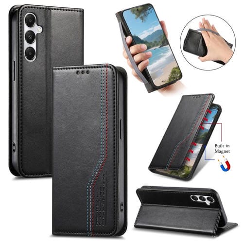 Funda de cuero con correa elástica y ventosa magnética para Samsung Galaxy M15 5G (negra)