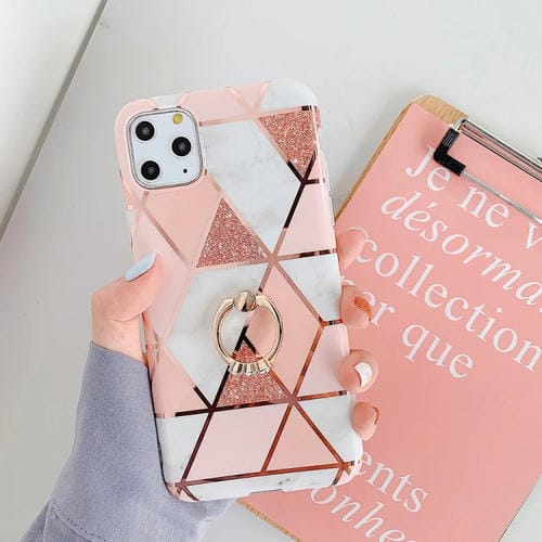 Funda para iPhone 11 Pro TPU Plating Patrón Geométrico Mosaico Mårmol con Anillo Soporte (Rosa)