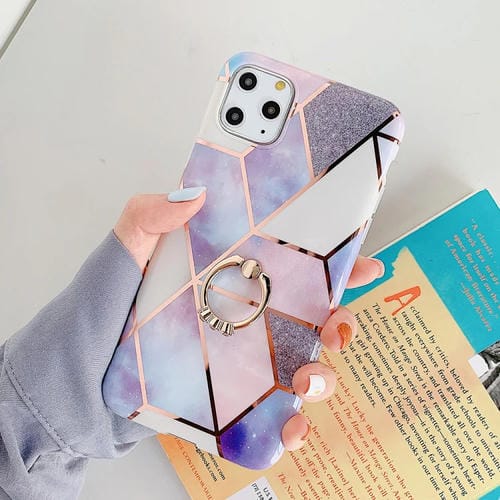 Funda para iPhone 11 Pro TPU Plating PatrĂłn GeomĂ©trico Mosaico MĂĄrmol con Anillo Soporte (PĂșrpura)