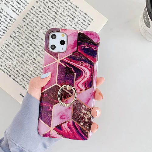 Funda para iPhone 11 Pro TPU Plating Patrón Geométrico Mosaico Mårmol con Anillo Soporte Diamantes de Imitación (Magenta)