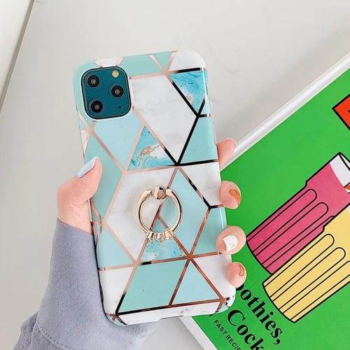 Funda para iPhone 11 Pro Max TPU Plating Patrón Geométrico Mosaico Mårmol Anillo Soporte Diamantes de Imitación (Verde)