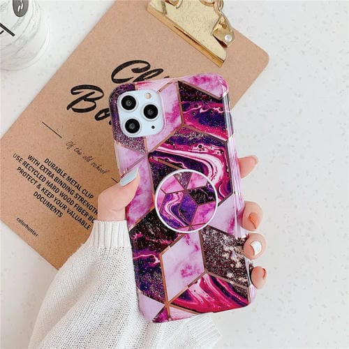 Funda para Teléfono Móvil iPhone 11 TPU con Patrón Geométrico Colorido Mosaico Mårmol y Soporte Plegable (Magenta)