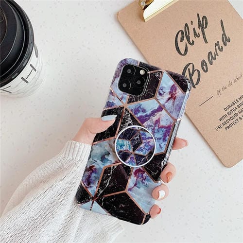 Funda para teléfono móvil iPhone 11 TPU con patrón geométrico colorido mosaico mårmol y soporte plegable (Negro)