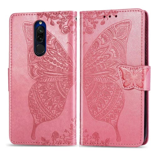 Para Xiaomi Redmi 8 Butterfly Love Flower Estuche de Cuero con Tapa Horizontal En Relieve con Soporte Ranura para Tarjeta con Cordón Monedero (Rosa)
