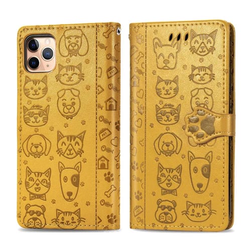 Estuche para iPhone 11 Pro Max Cute Cat And Dog Cuero PU Tapa Horizontal En Relieve Soporte Ranura Tarjeta Billetera Cordón (Amarillo)