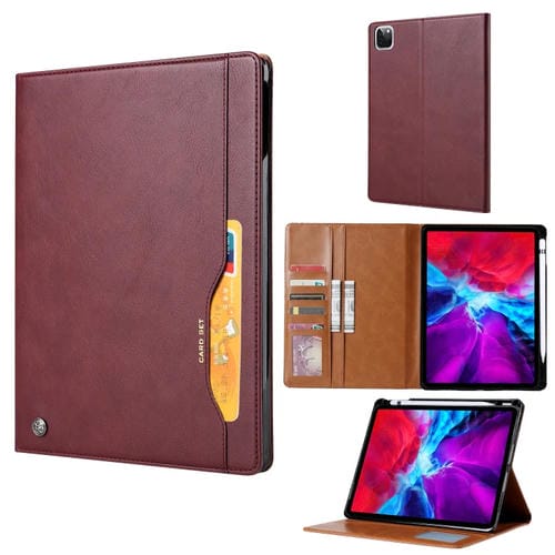 Funda para iPad Pro 11 (2020) Textura de Piel con Soporte y Cartera (Vino Rojo)