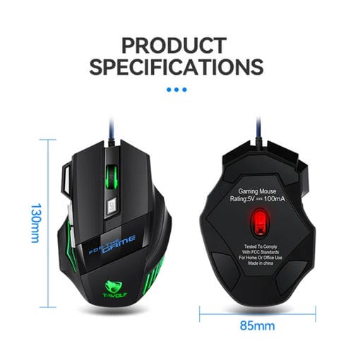 Ratón para Juegos T-Wolf M1 con Cable USB y Luz Ambiental RGB de 7 Teclas (Negro)