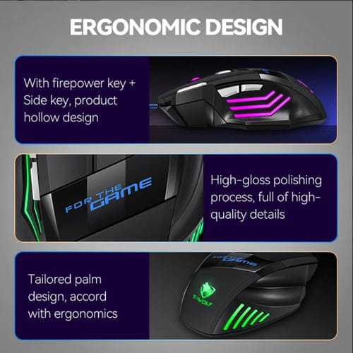 Ratón para Juegos T-Wolf M1 con Cable USB y Luz Ambiental RGB de 7 Teclas (Negro)