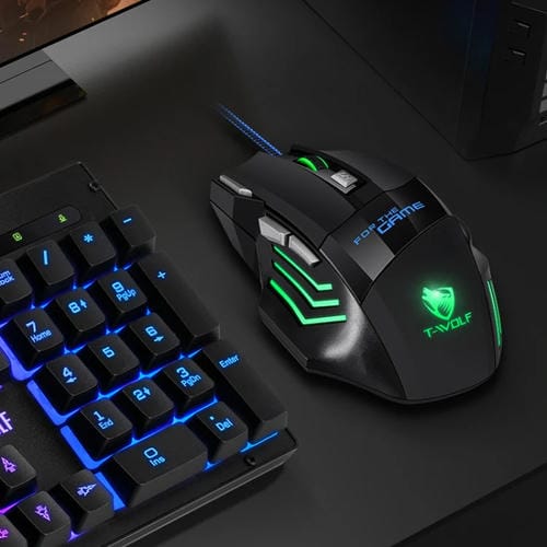 Ratón para Juegos T-Wolf M1 con Cable USB y Luz Ambiental RGB de 7 Teclas (Negro)