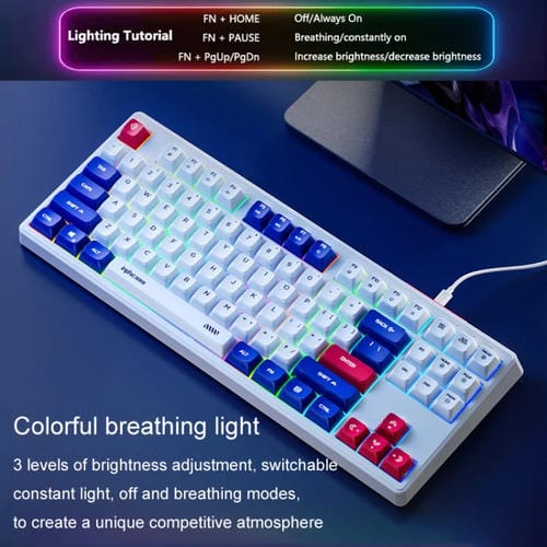 Teclado Mecánico con Cable Inphic K902 de 87 Teclas con Luz y Silencio para Juegos Oficina y Hogar (Azul y Blanco)