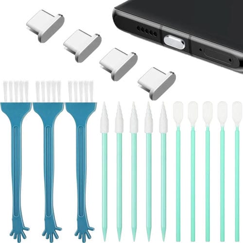 Kit de Limpieza Tapones Antipolvo Metal para Teléfonos Móviles con Interfaz Tipo C (Plateado)