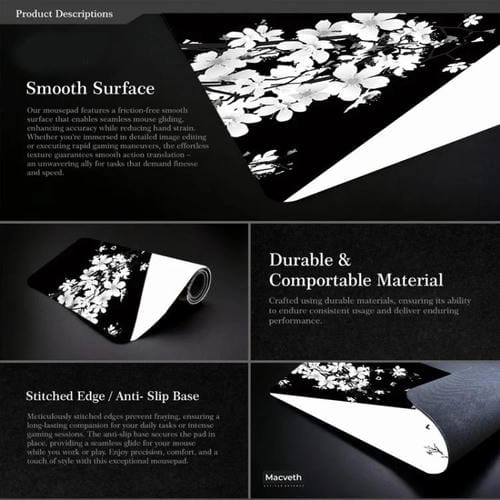 Alfombrilla de Ratón Antideslizante de Goma con Diseño de Flor de Cerezo y Pintura en Tinta 300 x 600 x 2 mm (Patrón 24)