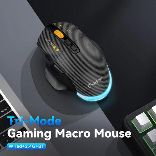 Ratón Inalámbrico Mkespn W601 para Juegos con Macro, Tres Modos, Fibra de Carbono, 12800 Dpi y Bluetooth (Negro)