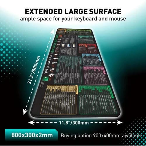 Alfombrilla de Escritorio N.° 3 Antideslizante para Oficina con Acceso Directo al Teclado y Comandos de Ordenador 400 x 900 x 3 mm