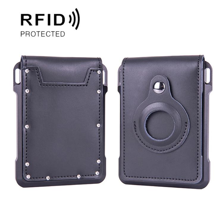 Cartera metálica de piel de vaca para tarjetas de crédito, ranura para AirTag, RFID, antirrobo (negro)
