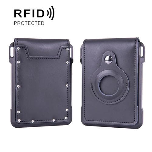 Cartera metálica de piel de vaca para tarjetas de crédito, ranura para AirTag, RFID, antirrobo (negro)