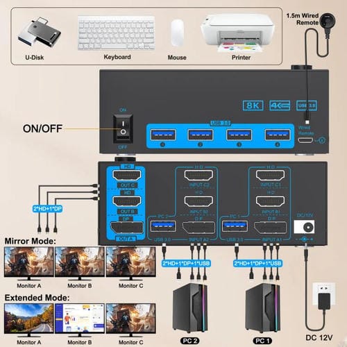 Conmutador KVM USB 3.0 YOUTING KC-KM434B 2 entradas 3 salidas enchufe australiano