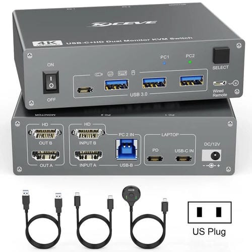 Conmutador KVM KVEVE KC-KVM202CH USB 3.0 con dos monitores, 4K, 60 Hz, enchufe estadounidense