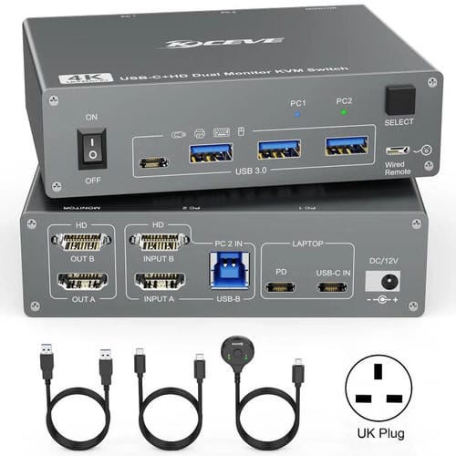 Conmutador KVM KVEVE KC-KVM202CH USB 3.0 con dos monitores, 4K, 60 Hz, enchufe británico