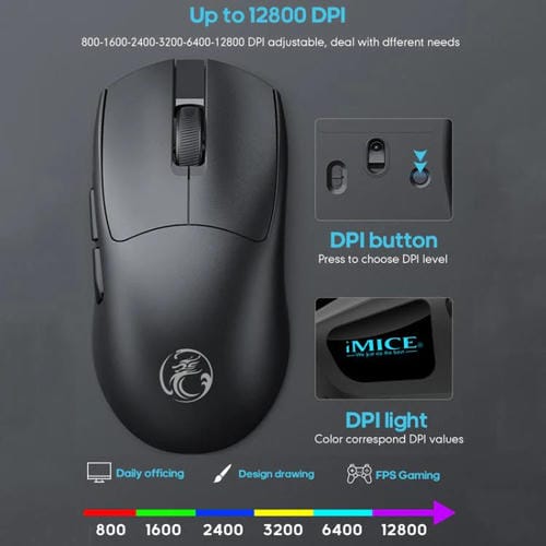 Ratón inalámbrico iMICE G900 para juegos, 6 teclas, 12800 DPI, recargable, de tres modos (negro)