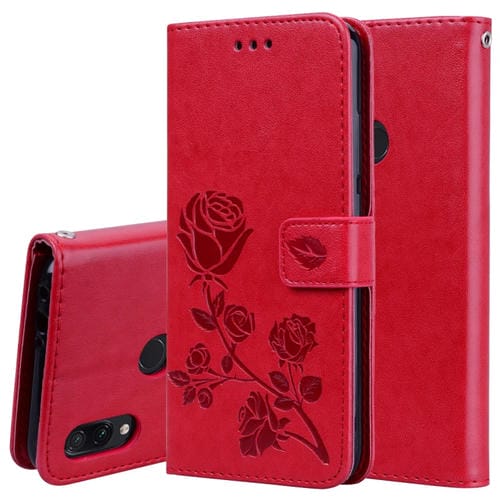 Funda de Cuero Pu con Tapa Horizontal En Relieve Rosa para Xiaomi Redmi Note 7, con Soporte, Ranuras para Tarjetas y Billetera (Rojo)