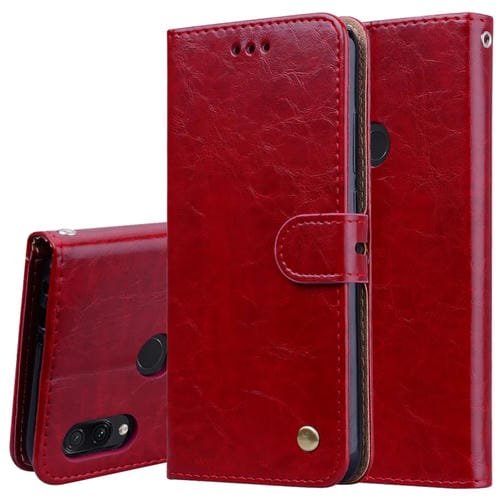 Estuche de Cuero con Tapa Horizontal con Textura de Cera de Aceite de Estilo Empresarial para Xiaomi Redmi Note7, con Soporte, Ranuras para Tarjetas y Billetera (Rojo)