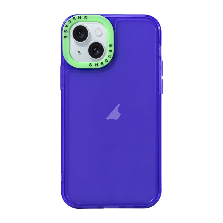 Para iPhone 15 Caja de Teléfono de TPU Transparente con Marco de Lente de Contraste de Color (Púrpura + Verde) - MOVILSTORE