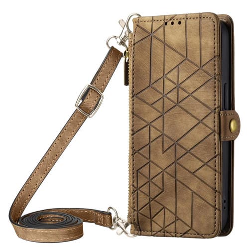 Para iPhone 15 con Cremallera Geométrica Cartera con Hebilla Lateral Funda de Cuero para Teléfono con Cordón Cruzado (Marrón) - MOVILSTORE
