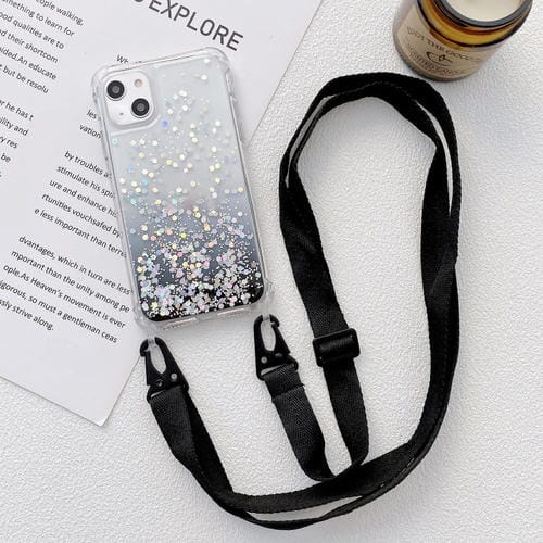 Para iPhone 15 Estuche para TelĂ©fono de AcrĂlico Engrosado de TPU Epoxi con Brillo Degradado y CordĂłn Ancho (Negro) - MOVILSTORE