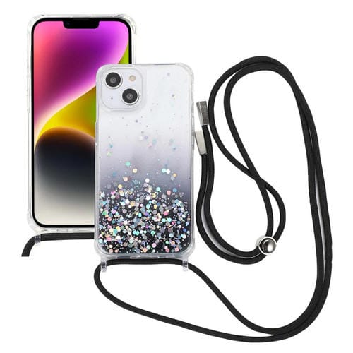Para iPhone 15 Estuche para TelĂ©fono de AcrĂlico Engrosado de TPU Epoxi con Brillo Degradado y CordĂłn de Cuello Redondo (Negro) - MOVILSTORE