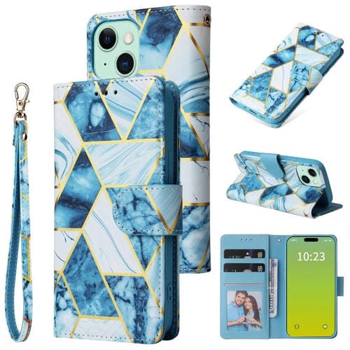 Para iPhone 15 Funda de Cuero con Costuras Bronceadoras de MĂĄrmol (Azul) - MOVILSTORE