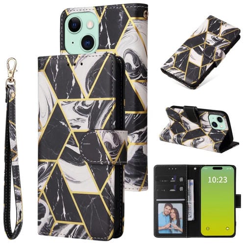Para iPhone 15 Funda de Cuero con Costuras Bronceadoras de MĂĄrmol (Negro) - MOVILSTORE