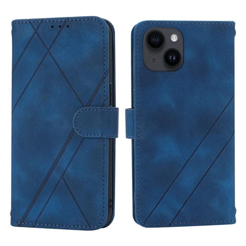 Para iPhone 15 Funda de Cuero con LĂnea En Relieve y CordĂłn (Azul) - MOVILSTORE