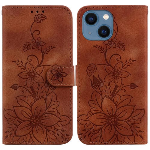 Para iPhone 15 Funda de Cuero con Relieve Lily (Marrón) - MOVILSTORE