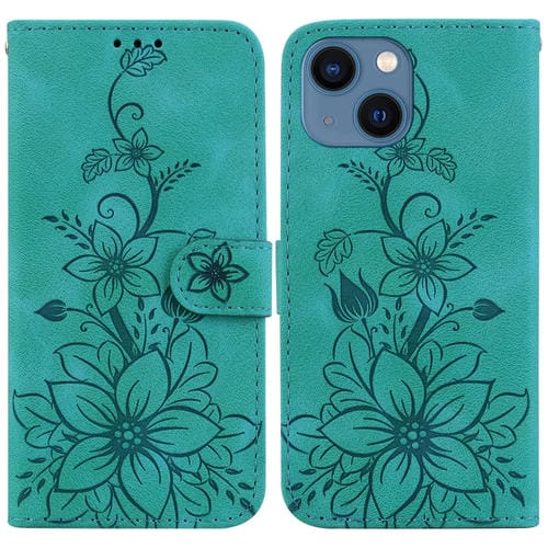 Para iPhone 15 Funda de Cuero con Relieve Lily (Verde) - MOVILSTORE