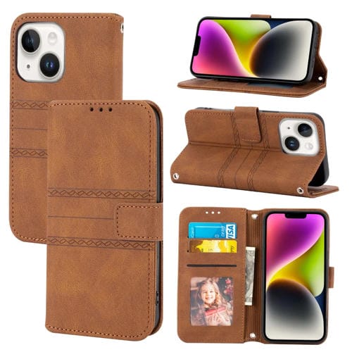 Para iPhone 15 Funda de Cuero con SensaciĂłn de Piel y Rayas En Relieve (MarrĂłn) - MOVILSTORE