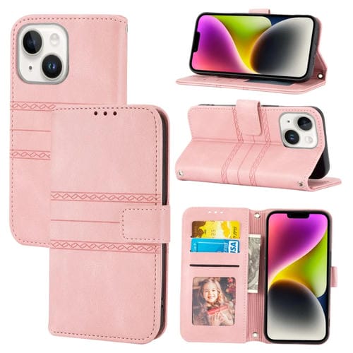 Para iPhone 15 Funda de Cuero con SensaciĂłn de Piel y Rayas En Relieve (Rosa) - MOVILSTORE