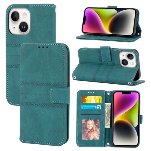 Para iPhone 15 Funda de Cuero con SensaciĂłn de Piel y Rayas En Relieve (Verde Oscuro) - MOVILSTORE