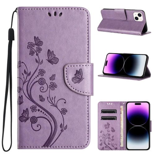 Para iPhone 15 Funda de Cuero con Tapa con Patrón de Flores de Mariposa (Púrpura Claro) - MOVILSTORE