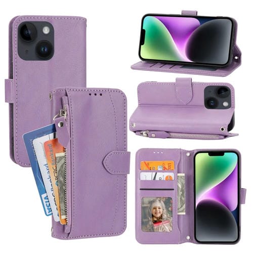 Para iPhone 15 Funda de Cuero para TelĂ©fono con Billetera con Cremallera y Piel de Aceite (PĂșrpura) - MOVILSTORE