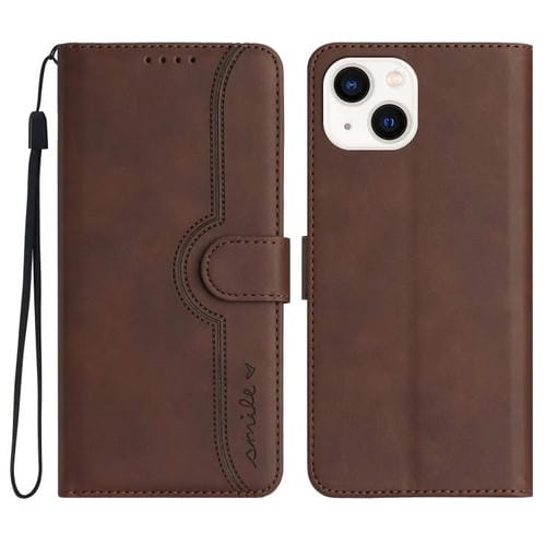 Para iPhone 15 Funda de Cuero para Teléfono con Sensación de Piel y Patrón de Corazón (Marrón) - MOVILSTORE