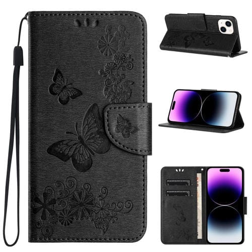 Para iPhone 15 Funda de Teléfono de Cuero con Tapa En Relieve de Mariposa (Negro) - MOVILSTORE