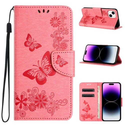 Para iPhone 15 Funda de Teléfono de Cuero con Tapa En Relieve de Mariposa (Rosa) - MOVILSTORE