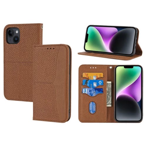Para iPhone 15 Funda de Teléfono de Cuero Magnético con Costura de Textura Tejida (Marrón) - MOVILSTORE