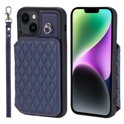 Para iPhone 15 Funda para Teléfono con Bolsa para Tarjetas con Textura de Rejilla y Cordón (Azul) - MOVILSTORE