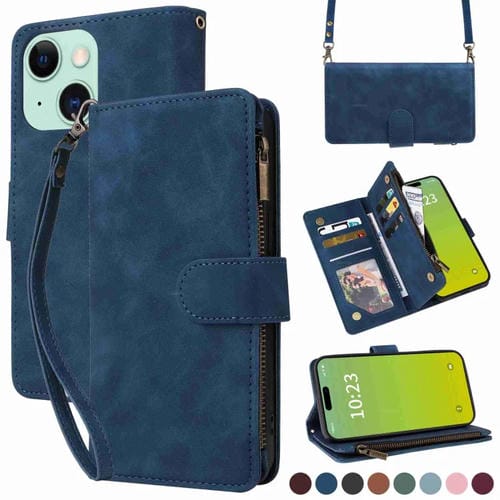 Para iPhone 15 Funda para TelĂ©fono de Cuero con Cremallera y Ranura para MĂșltiples Tarjetas Cruzadas (Azul Oscuro) - MOVILSTORE