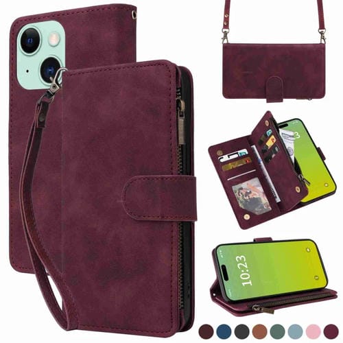 Para iPhone 15 Funda para TelĂ©fono de Cuero con Cremallera y Ranura para MĂșltiples Tarjetas Cruzadas (Rojo Vino) - MOVILSTORE